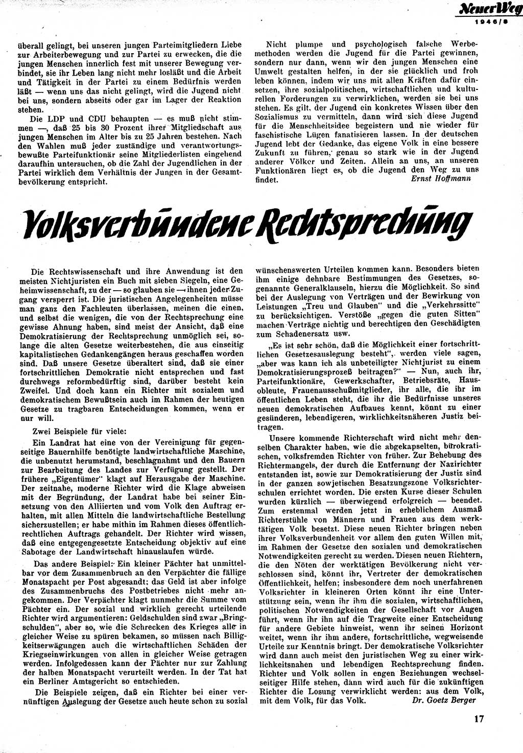 Neuer Weg (NW), Monatsschrift für aktuelle Fragen der Arbeiterbewegung [Zentralkomitee (ZK) Kommunistische Partei Deutschlands (KPD), Sozialistische Einheitspartei Deutschlands (SED)], 1. Jahrgang [Sowjetische Besatzungszone (SBZ) Deutschlands] 1946, Heft 8/17 (NW ZK KPD SED SBZ Dtl. 1946, H. 8/17)