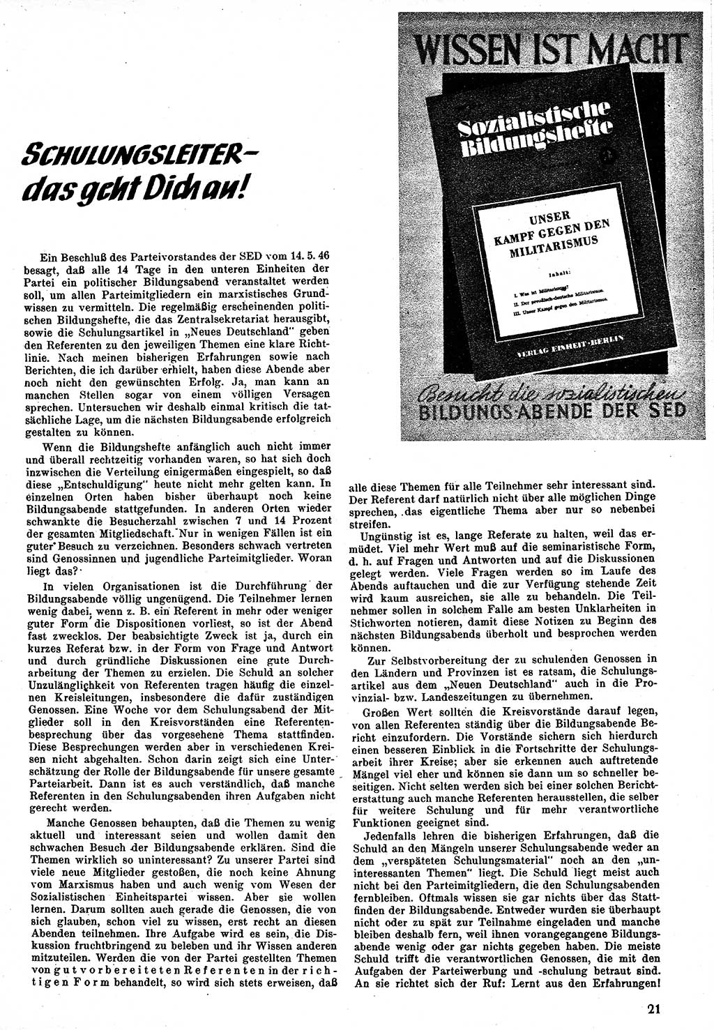 Neuer Weg (NW), Monatsschrift für aktuelle Fragen der Arbeiterbewegung [Zentralkomitee (ZK) Kommunistische Partei Deutschlands (KPD), Sozialistische Einheitspartei Deutschlands (SED)], 1. Jahrgang [Sowjetische Besatzungszone (SBZ) Deutschlands] 1946, Heft 8/21 (NW ZK KPD SED SBZ Dtl. 1946, H. 8/21)