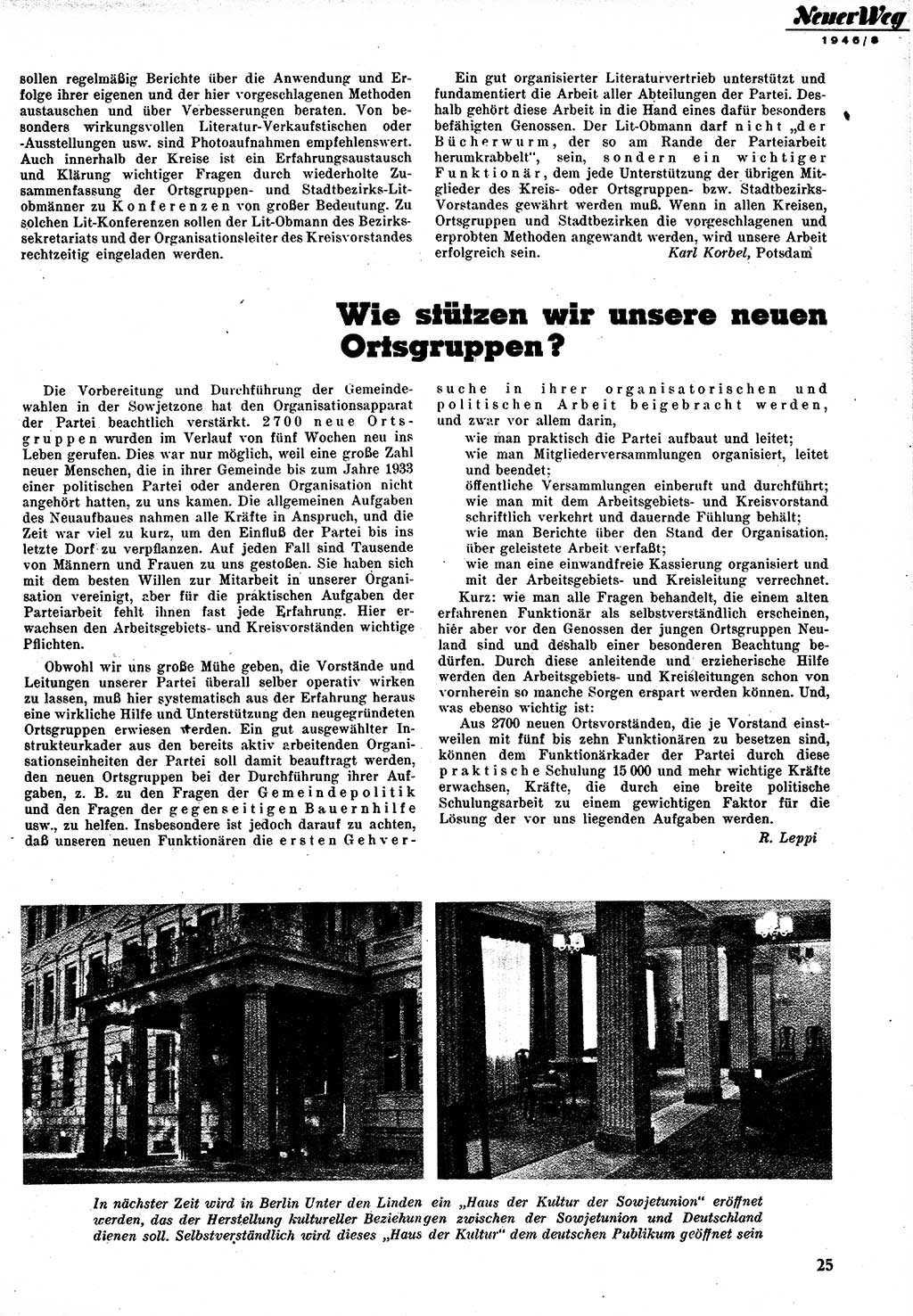 Neuer Weg (NW), Monatsschrift für aktuelle Fragen der Arbeiterbewegung [Zentralkomitee (ZK) Kommunistische Partei Deutschlands (KPD), Sozialistische Einheitspartei Deutschlands (SED)], 1. Jahrgang [Sowjetische Besatzungszone (SBZ) Deutschlands] 1946, Heft 8/25 (NW ZK KPD SED SBZ Dtl. 1946, H. 8/25)