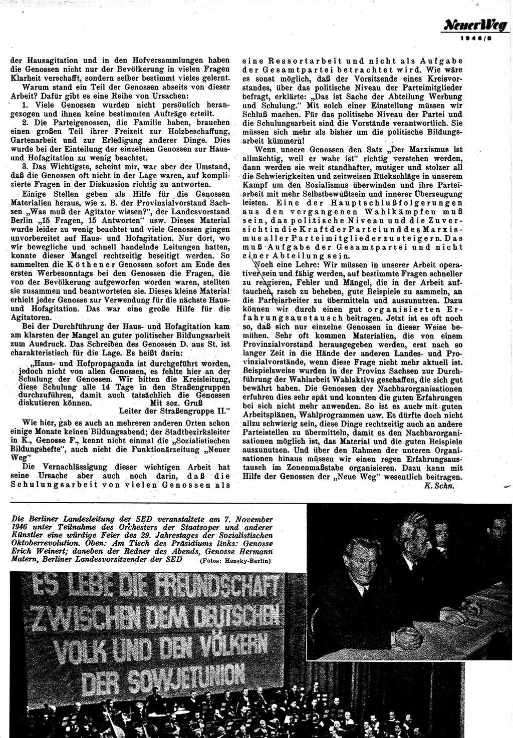 Neuer Weg (NW), Monatsschrift für aktuelle Fragen der Arbeiterbewegung [Zentralkomitee (ZK) Kommunistische Partei Deutschlands (KPD), Sozialistische Einheitspartei Deutschlands (SED)], 1. Jahrgang [Sowjetische Besatzungszone (SBZ) Deutschlands] 1946, Heft 8/27 (NW ZK KPD SED SBZ Dtl. 1946, H. 8/27)