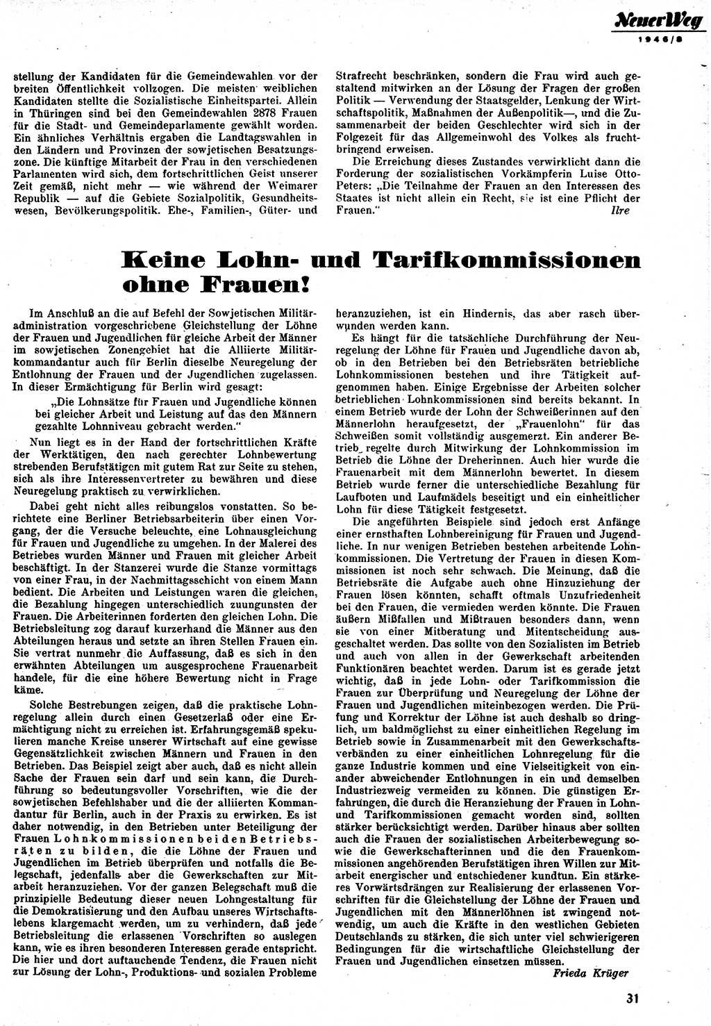 Neuer Weg (NW), Monatsschrift für aktuelle Fragen der Arbeiterbewegung [Zentralkomitee (ZK) Kommunistische Partei Deutschlands (KPD), Sozialistische Einheitspartei Deutschlands (SED)], 1. Jahrgang [Sowjetische Besatzungszone (SBZ) Deutschlands] 1946, Heft 8/31 (NW ZK KPD SED SBZ Dtl. 1946, H. 8/31)