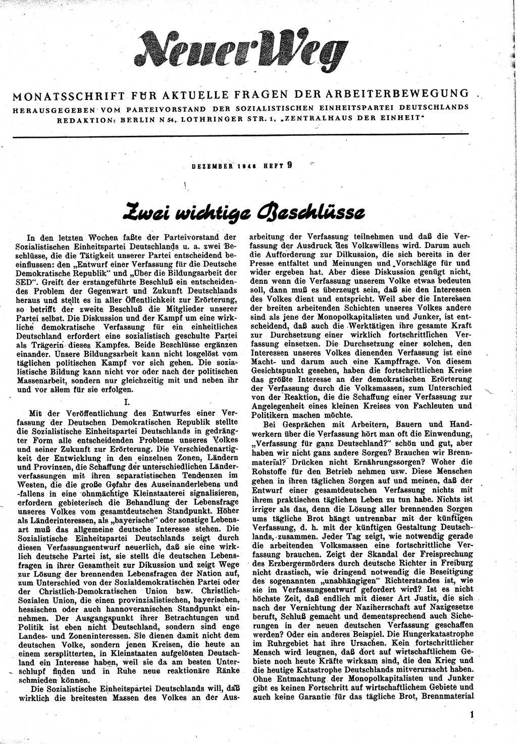Neuer Weg (NW), Monatsschrift für aktuelle Fragen der Arbeiterbewegung [Zentralkomitee (ZK) Kommunistische Partei Deutschlands (KPD), Sozialistische Einheitspartei Deutschlands (SED)], 1. Jahrgang [Sowjetische Besatzungszone (SBZ) Deutschlands] 1946, Heft 9/1 (NW ZK KPD SED SBZ Dtl. 1946, H. 9/1)