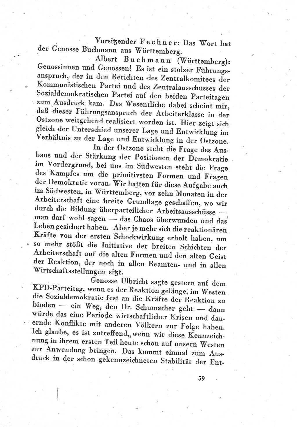 Protokoll des Vereinigungsparteitages der Sozialdemokratischen Partei Deutschlands (SPD) und der Kommunistischen Partei Deutschlands (KPD) [Sowjetische Besatzungszone (SBZ) Deutschlands] 1946, Seite 59 (Prot. VPT SPD KPD SBZ Dtl. 1946, S. 59)