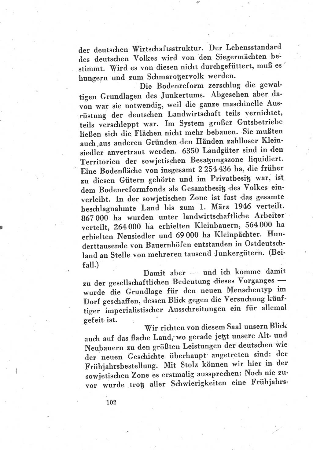 Protokoll des Vereinigungsparteitages der Sozialdemokratischen Partei Deutschlands (SPD) und der Kommunistischen Partei Deutschlands (KPD) [Sowjetische Besatzungszone (SBZ) Deutschlands] 1946, Seite 102 (Prot. VPT SPD KPD SBZ Dtl. 1946, S. 102)