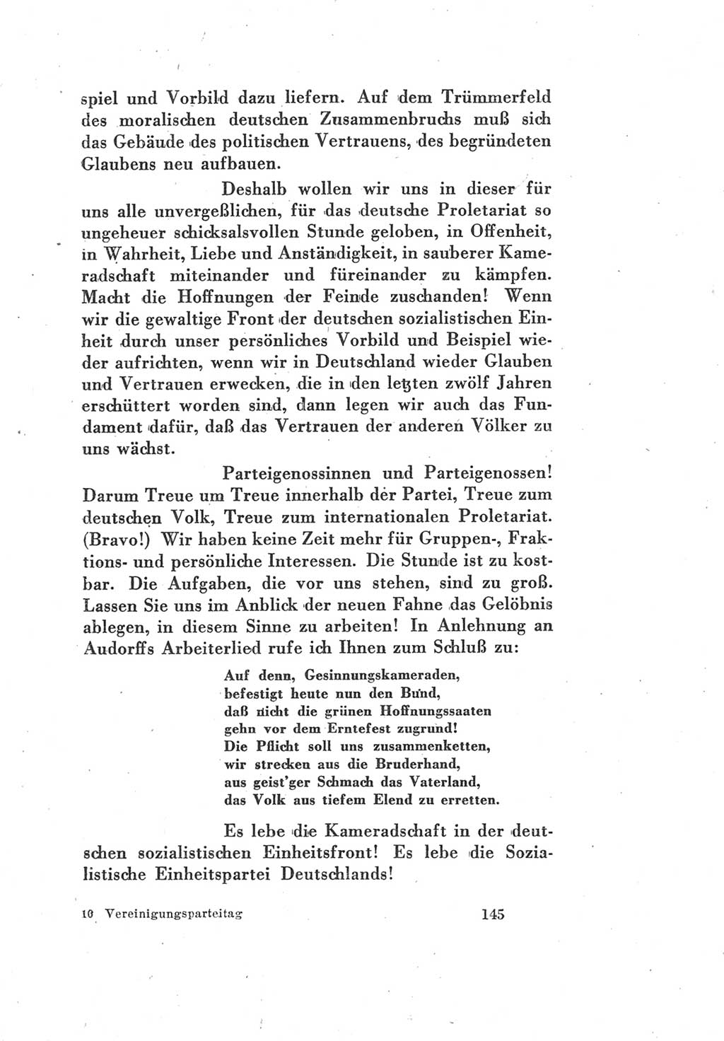 Protokoll des Vereinigungsparteitages der Sozialdemokratischen Partei Deutschlands (SPD) und der Kommunistischen Partei Deutschlands (KPD) [Sowjetische Besatzungszone (SBZ) Deutschlands] 1946, Seite 145 (Prot. VPT SPD KPD SBZ Dtl. 1946, S. 145)