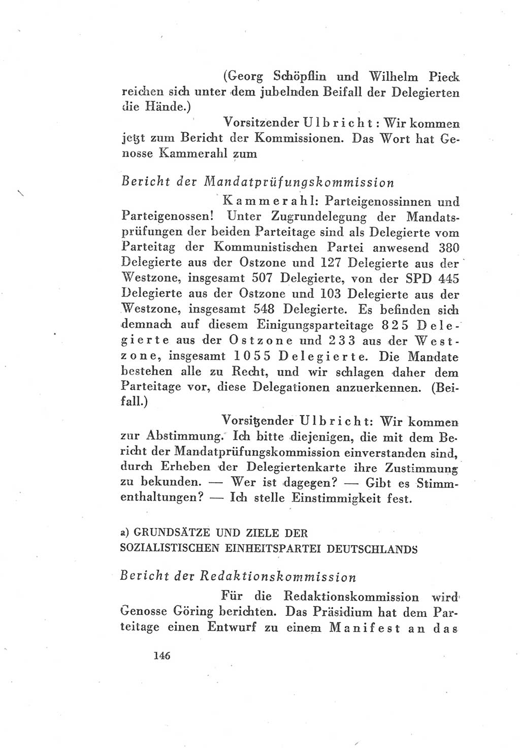 Protokoll des Vereinigungsparteitages der Sozialdemokratischen Partei Deutschlands (SPD) und der Kommunistischen Partei Deutschlands (KPD) [Sowjetische Besatzungszone (SBZ) Deutschlands] 1946, Seite 146 (Prot. VPT SPD KPD SBZ Dtl. 1946, S. 146)