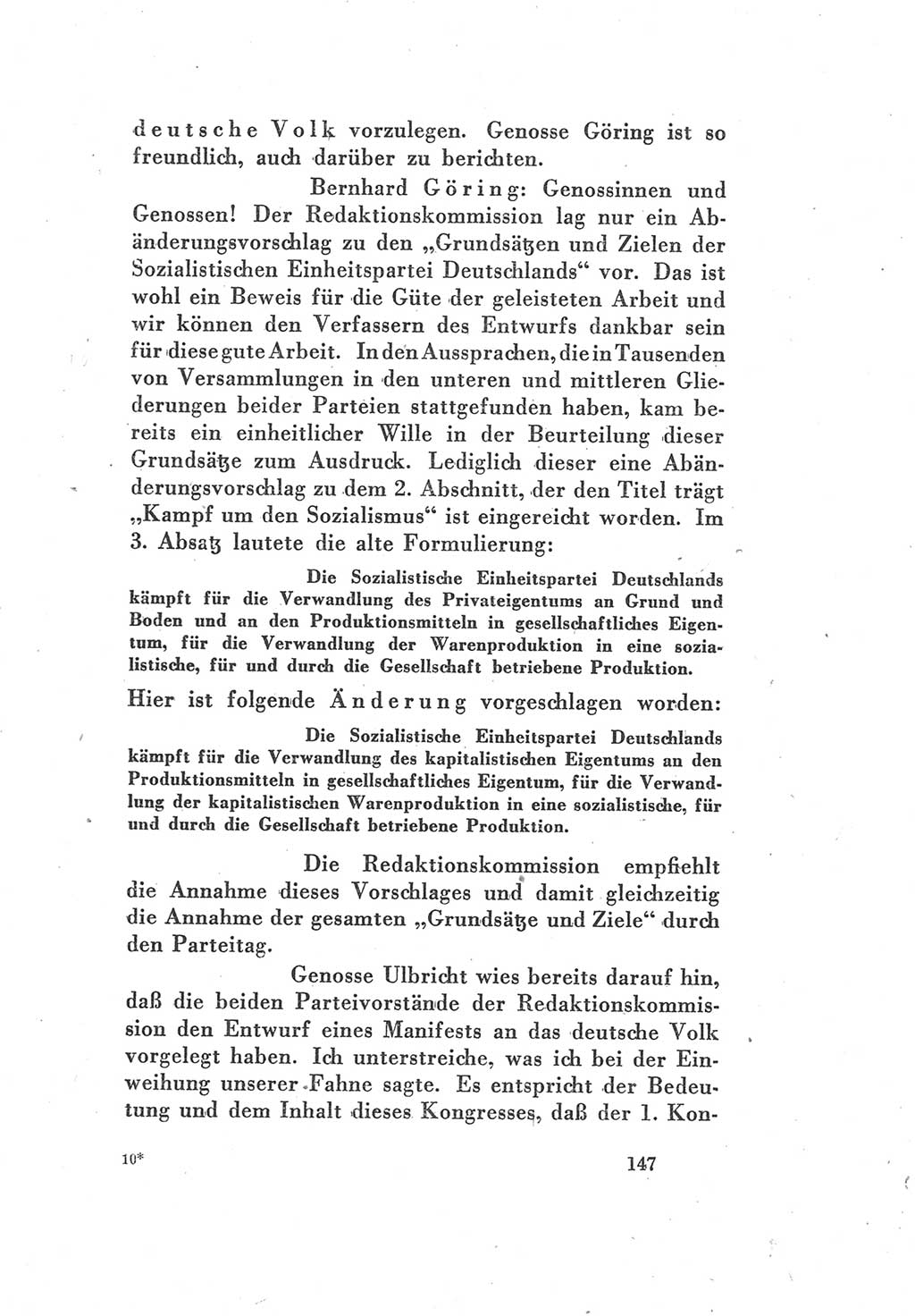 Protokoll des Vereinigungsparteitages der Sozialdemokratischen Partei Deutschlands (SPD) und der Kommunistischen Partei Deutschlands (KPD) [Sowjetische Besatzungszone (SBZ) Deutschlands] 1946, Seite 147 (Prot. VPT SPD KPD SBZ Dtl. 1946, S. 147)