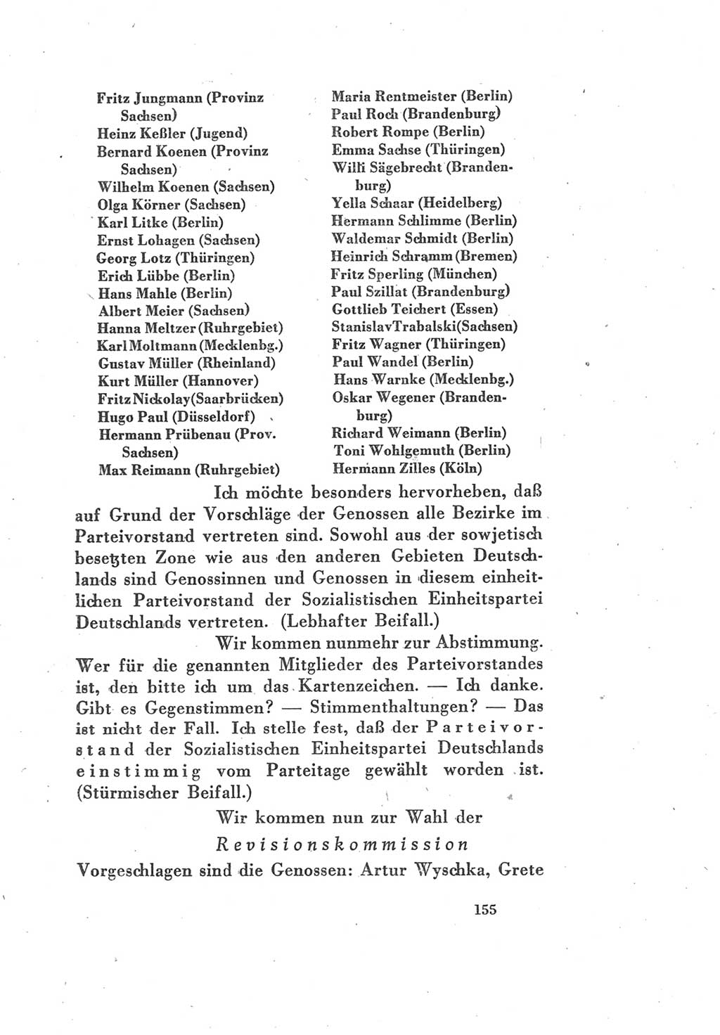 Protokoll des Vereinigungsparteitages der Sozialdemokratischen Partei Deutschlands (SPD) und der Kommunistischen Partei Deutschlands (KPD) [Sowjetische Besatzungszone (SBZ) Deutschlands] 1946, Seite 155 (Prot. VPT SPD KPD SBZ Dtl. 1946, S. 155)