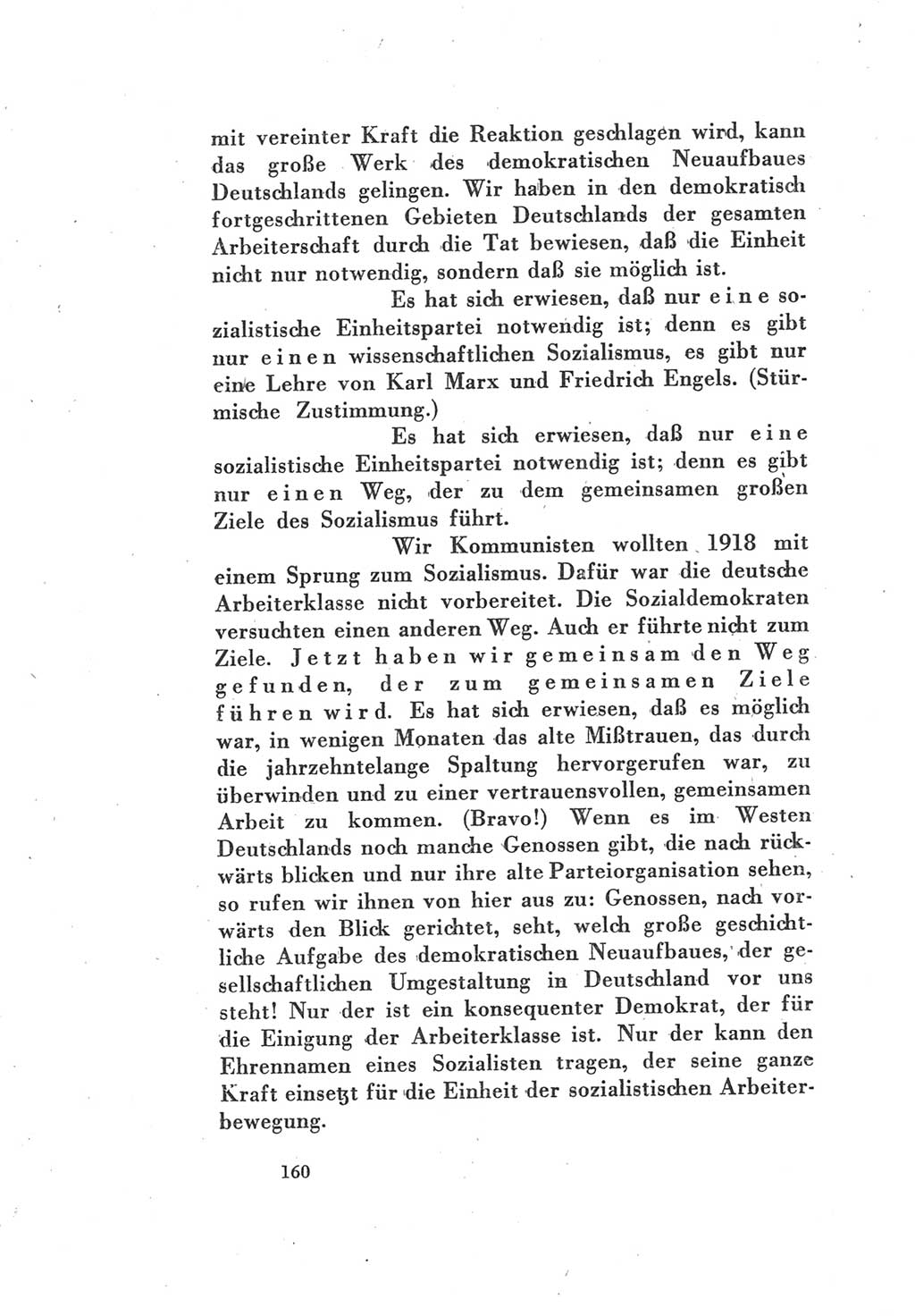 Protokoll des Vereinigungsparteitages der Sozialdemokratischen Partei Deutschlands (SPD) und der Kommunistischen Partei Deutschlands (KPD) [Sowjetische Besatzungszone (SBZ) Deutschlands] 1946, Seite 160 (Prot. VPT SPD KPD SBZ Dtl. 1946, S. 160)