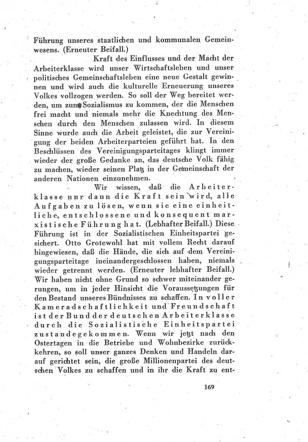 Protokoll des Vereinigungsparteitages der Sozialdemokratischen Partei Deutschlands (SPD) und der Kommunistischen Partei Deutschlands (KPD) [Sowjetische Besatzungszone (SBZ) Deutschlands] 1946, Seite 169 (Prot. VPT SPD KPD SBZ Dtl. 1946, S. 169)