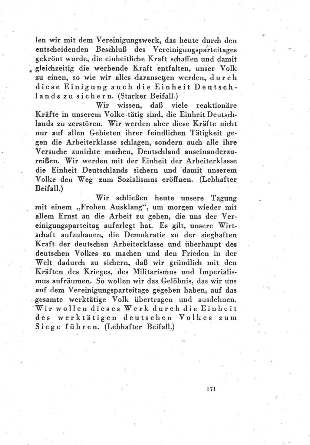 Protokoll des Vereinigungsparteitages der Sozialdemokratischen Partei Deutschlands (SPD) und der Kommunistischen Partei Deutschlands (KPD) [Sowjetische Besatzungszone (SBZ) Deutschlands] 1946, Seite 171 (Prot. VPT SPD KPD SBZ Dtl. 1946, S. 171)