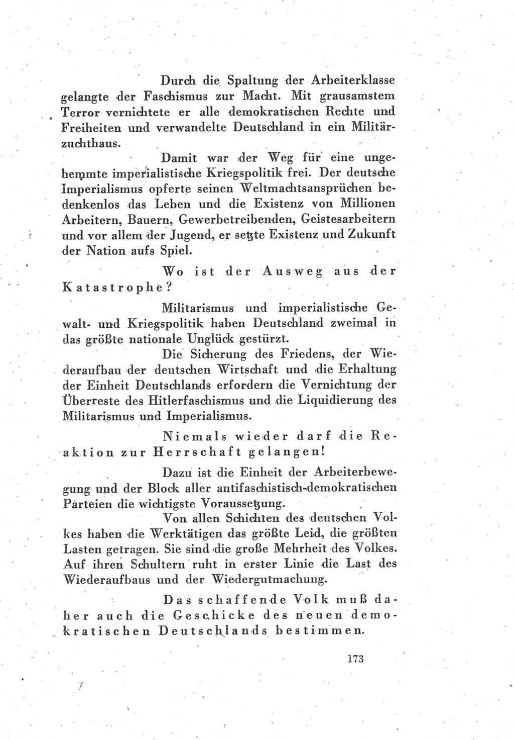 Protokoll des Vereinigungsparteitages der Sozialdemokratischen Partei Deutschlands (SPD) und der Kommunistischen Partei Deutschlands (KPD) [Sowjetische Besatzungszone (SBZ) Deutschlands] 1946, Seite 173 (Prot. VPT SPD KPD SBZ Dtl. 1946, S. 173)