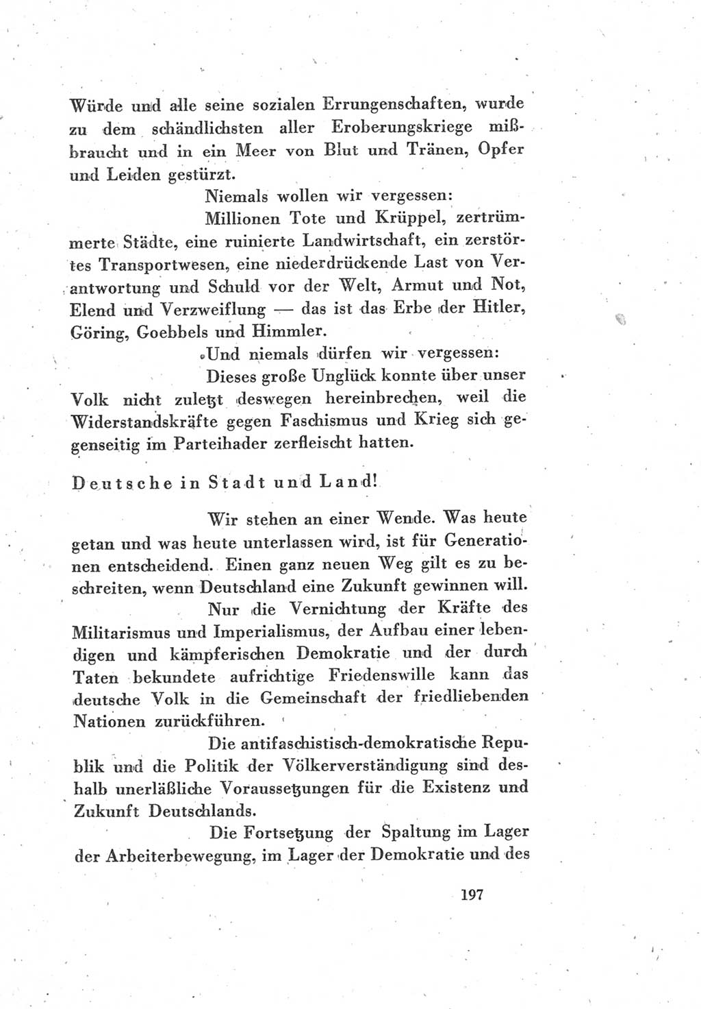 Protokoll des Vereinigungsparteitages der Sozialdemokratischen Partei Deutschlands (SPD) und der Kommunistischen Partei Deutschlands (KPD) [Sowjetische Besatzungszone (SBZ) Deutschlands] 1946, Seite 197 (Prot. VPT SPD KPD SBZ Dtl. 1946, S. 197)