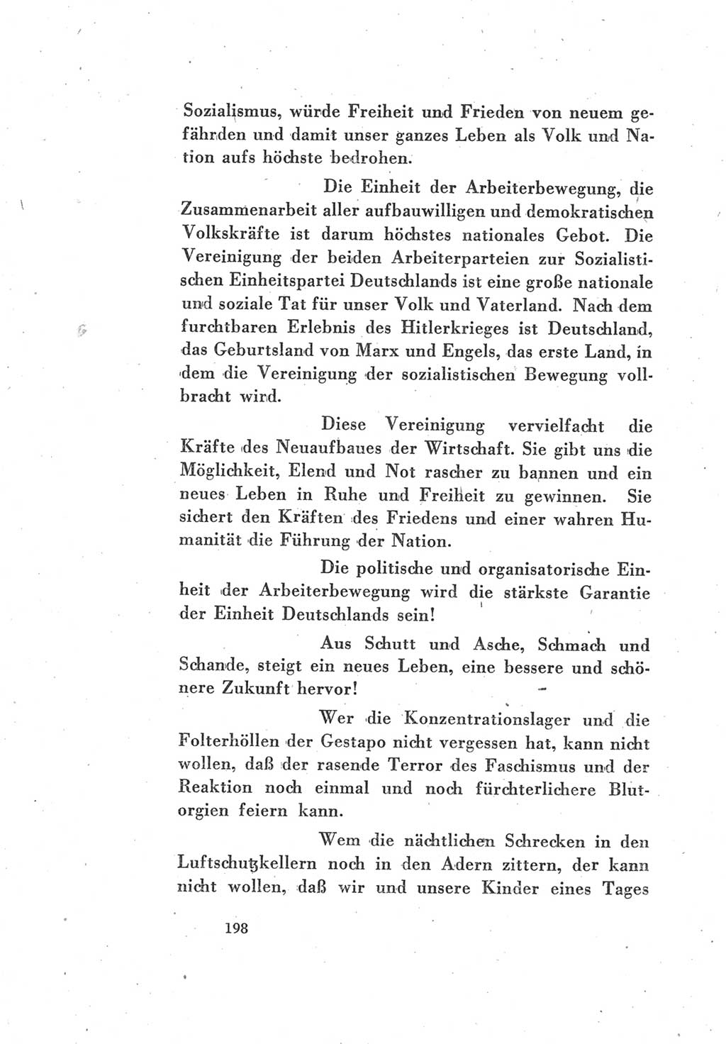 Protokoll des Vereinigungsparteitages der Sozialdemokratischen Partei Deutschlands (SPD) und der Kommunistischen Partei Deutschlands (KPD) [Sowjetische Besatzungszone (SBZ) Deutschlands] 1946, Seite 198 (Prot. VPT SPD KPD SBZ Dtl. 1946, S. 198)