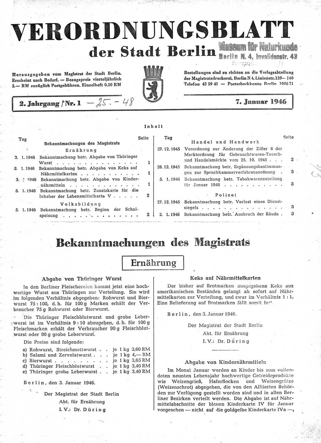 Verordnungsblatt (VOBl.) der Stadt Berlin, für Groß-Berlin 1946, Seite 1 (VOBl. Bln. 1946, S. 1)