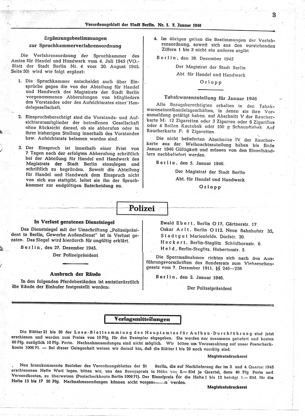 Verordnungsblatt (VOBl.) der Stadt Berlin, für Groß-Berlin 1946, Seite 3 (VOBl. Bln. 1946, S. 3)