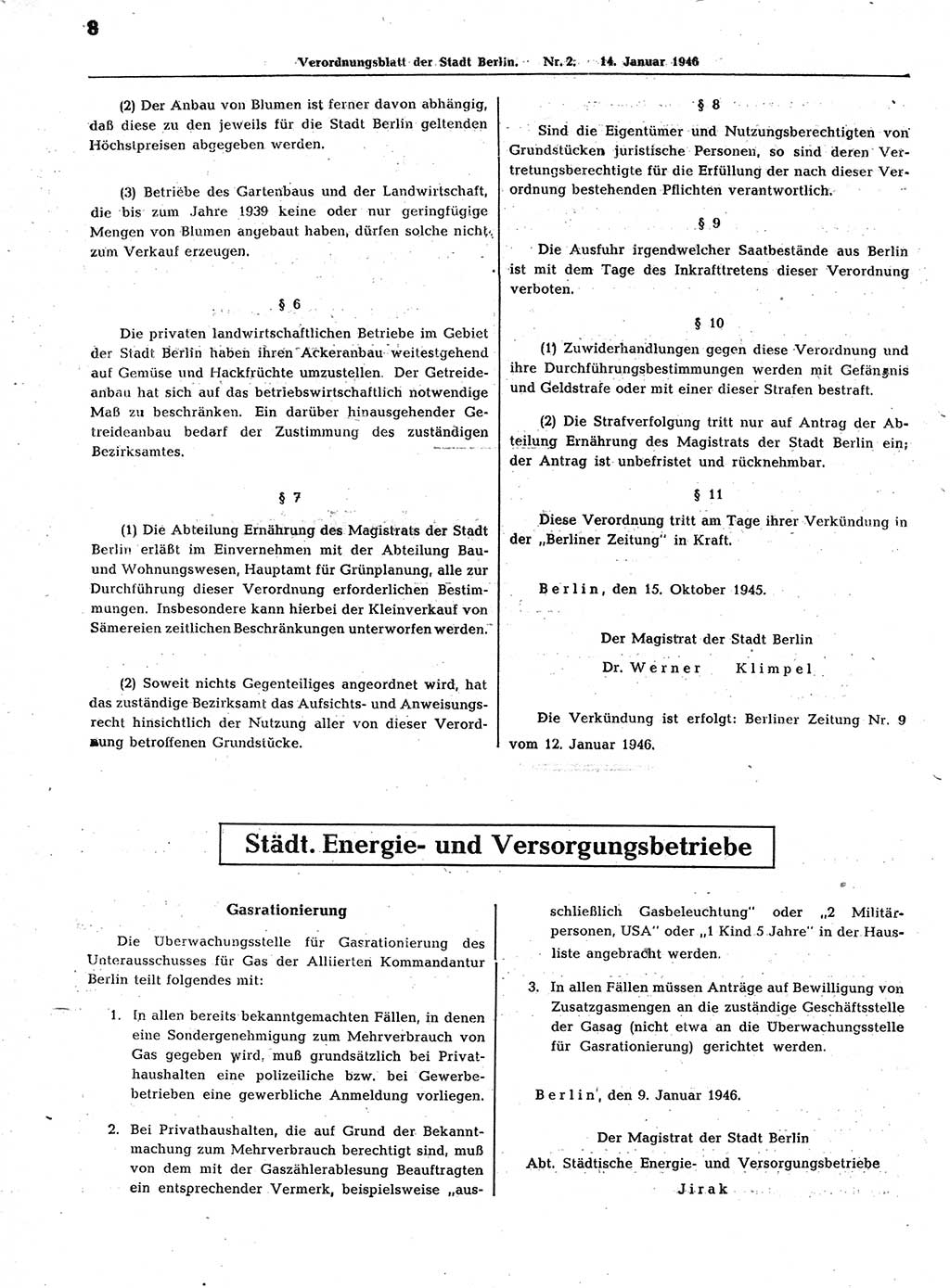 Verordnungsblatt (VOBl.) der Stadt Berlin, für Groß-Berlin 1946, Seite 8 (VOBl. Bln. 1946, S. 8)