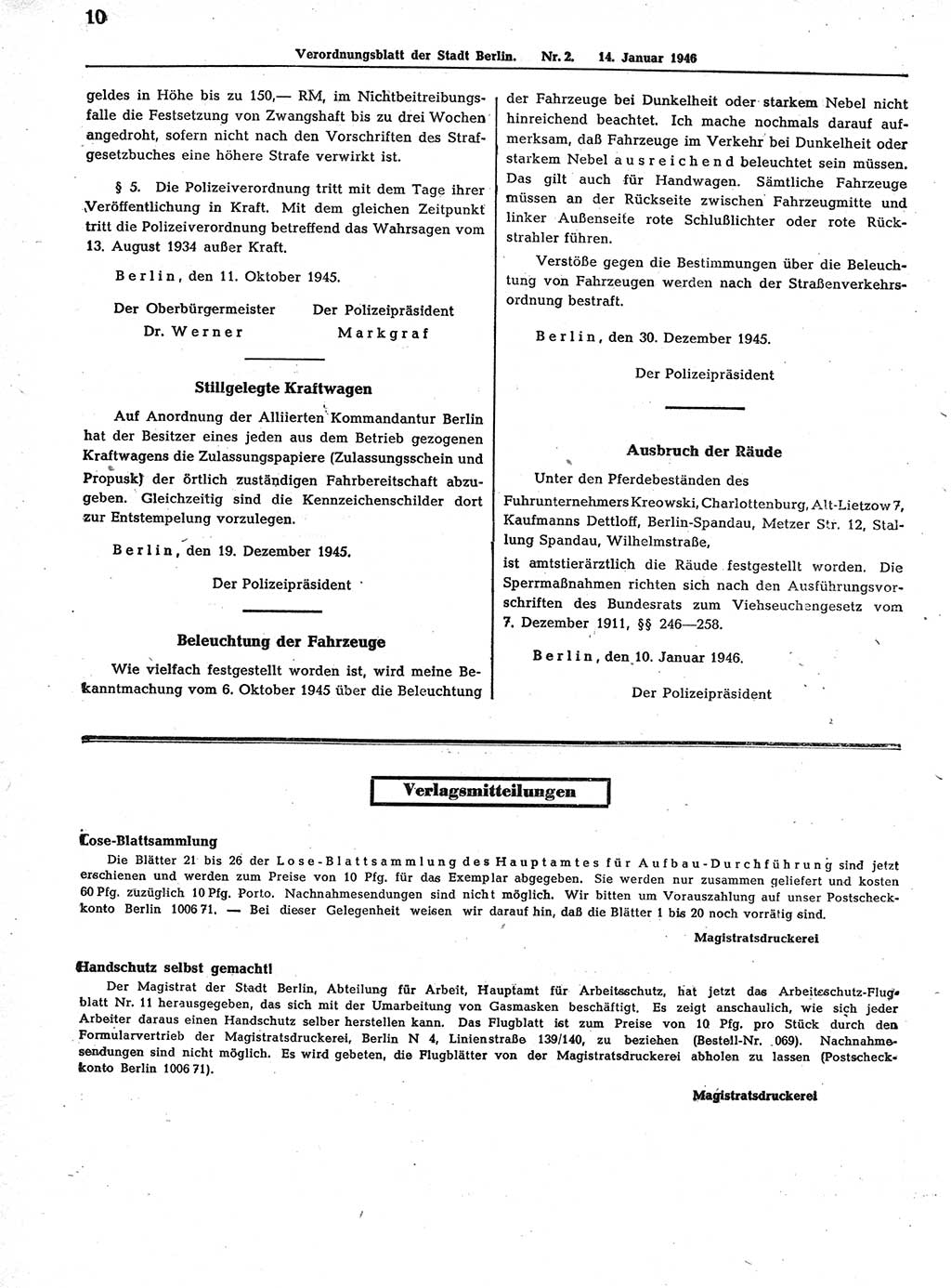 Verordnungsblatt (VOBl.) der Stadt Berlin, für Groß-Berlin 1946, Seite 10 (VOBl. Bln. 1946, S. 10)