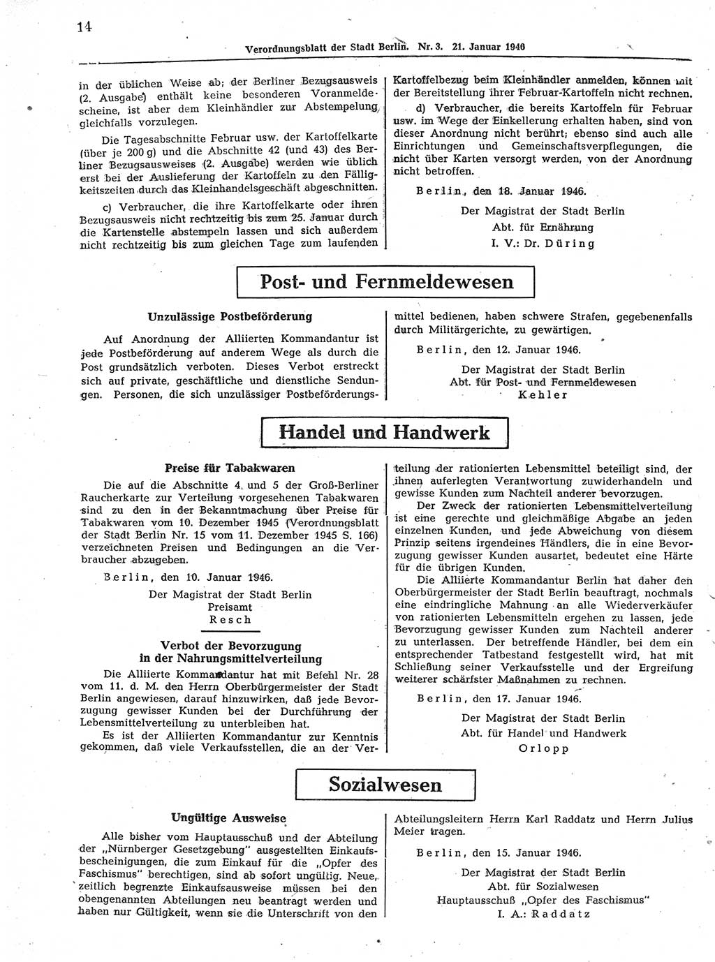 Verordnungsblatt (VOBl.) der Stadt Berlin, für Groß-Berlin 1946, Seite 14 (VOBl. Bln. 1946, S. 14)