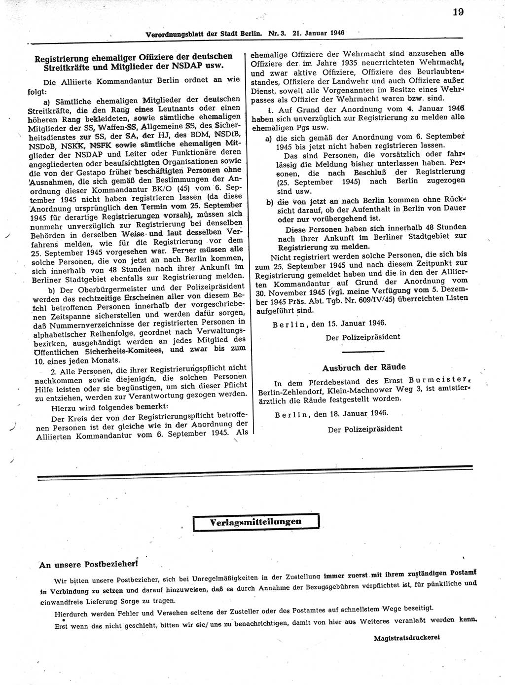 Verordnungsblatt (VOBl.) der Stadt Berlin, für Groß-Berlin 1946, Seite 19 (VOBl. Bln. 1946, S. 19)