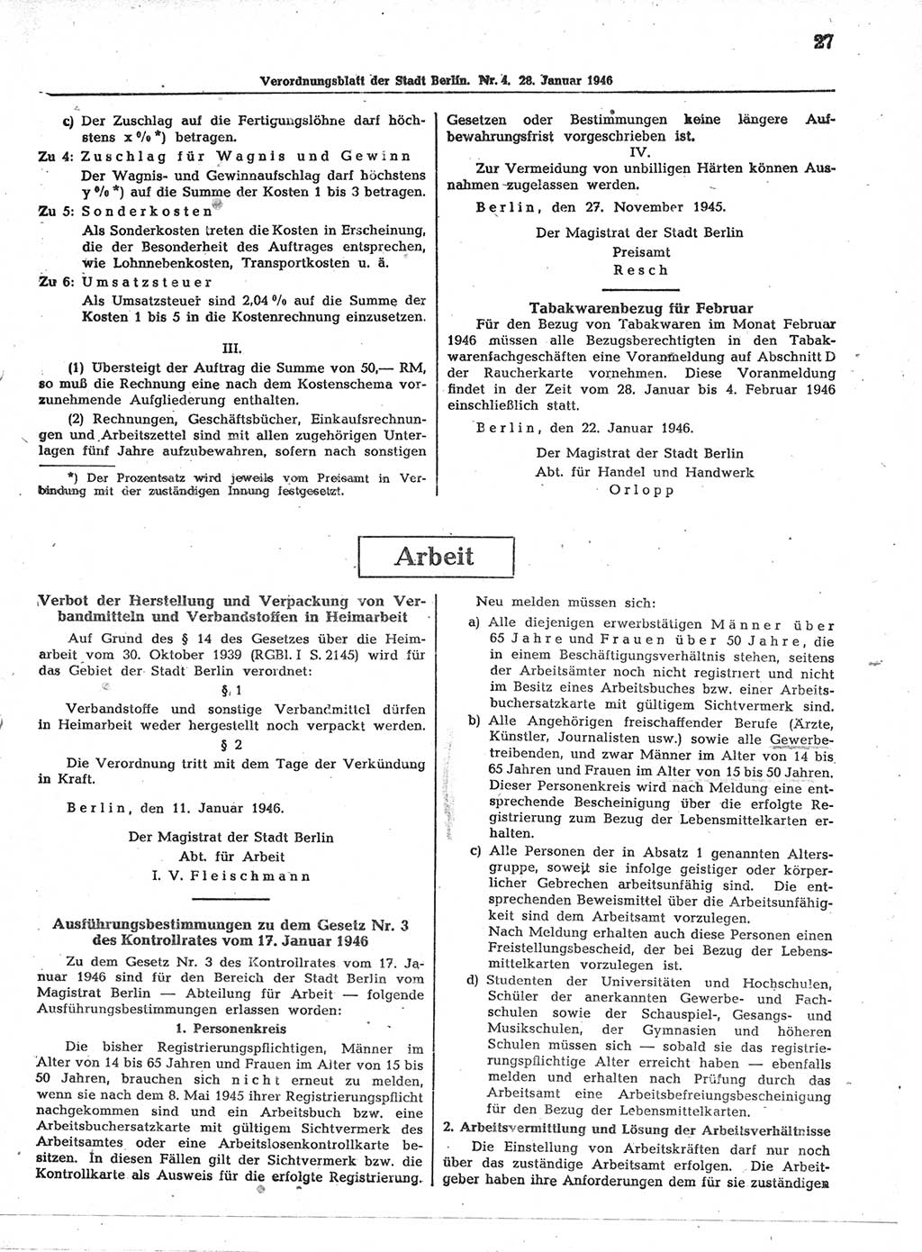 Verordnungsblatt (VOBl.) der Stadt Berlin, für Groß-Berlin 1946, Seite 27 (VOBl. Bln. 1946, S. 27)