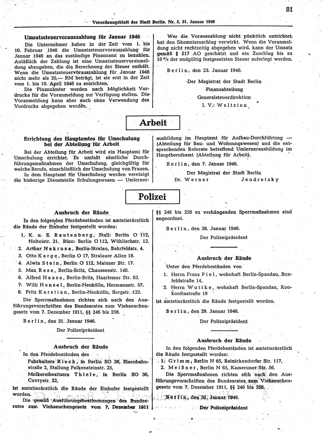 Verordnungsblatt (VOBl.) der Stadt Berlin, für Groß-Berlin 1946, Seite 31 (VOBl. Bln. 1946, S. 31)