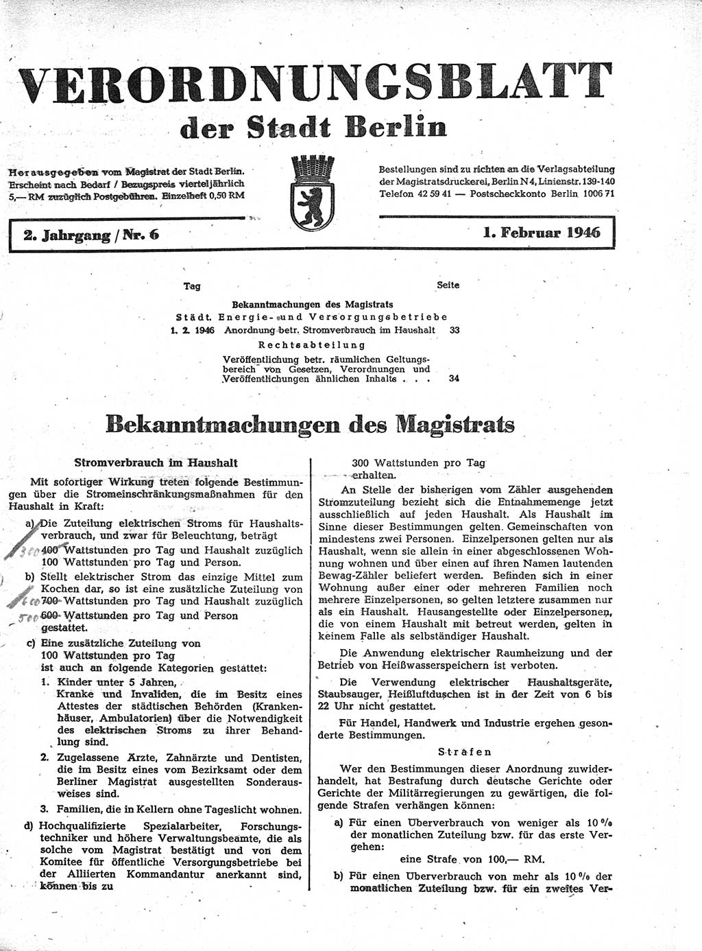 Verordnungsblatt (VOBl.) der Stadt Berlin, für Groß-Berlin 1946, Seite 33 (VOBl. Bln. 1946, S. 33)