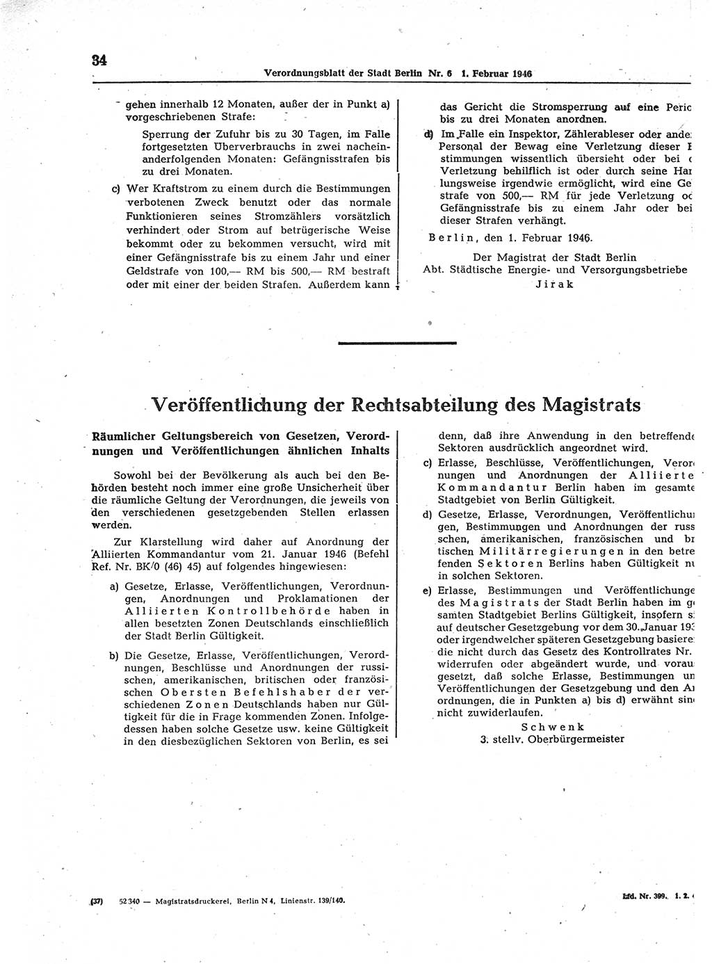 Verordnungsblatt (VOBl.) der Stadt Berlin, für Groß-Berlin 1946, Seite 34 (VOBl. Bln. 1946, S. 34)
