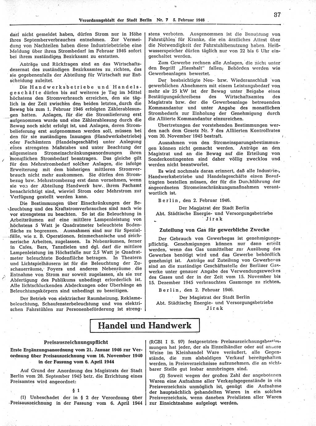 Verordnungsblatt (VOBl.) der Stadt Berlin, für Groß-Berlin 1946, Seite 37 (VOBl. Bln. 1946, S. 37)