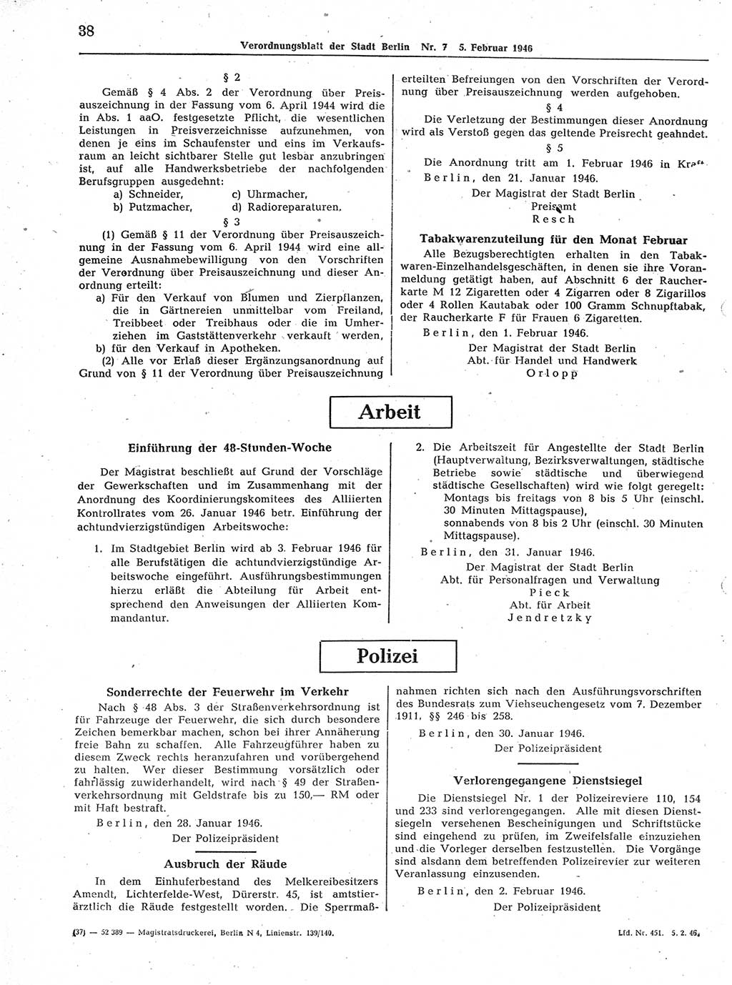 Verordnungsblatt (VOBl.) der Stadt Berlin, für Groß-Berlin 1946, Seite 38 (VOBl. Bln. 1946, S. 38)