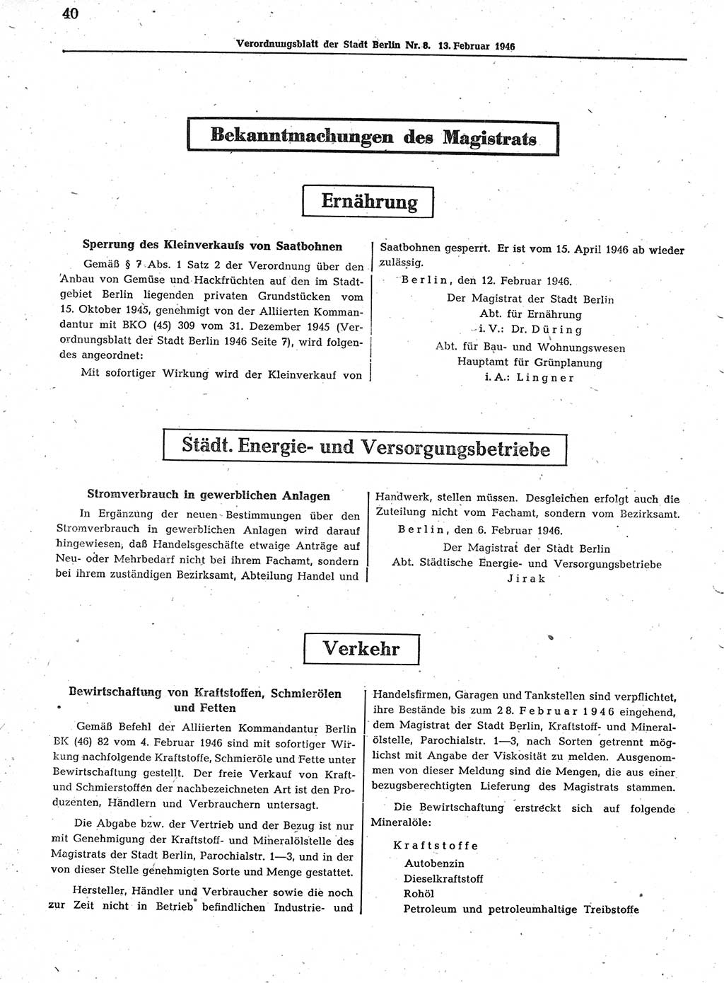 Verordnungsblatt (VOBl.) der Stadt Berlin, für Groß-Berlin 1946, Seite 40 (VOBl. Bln. 1946, S. 40)