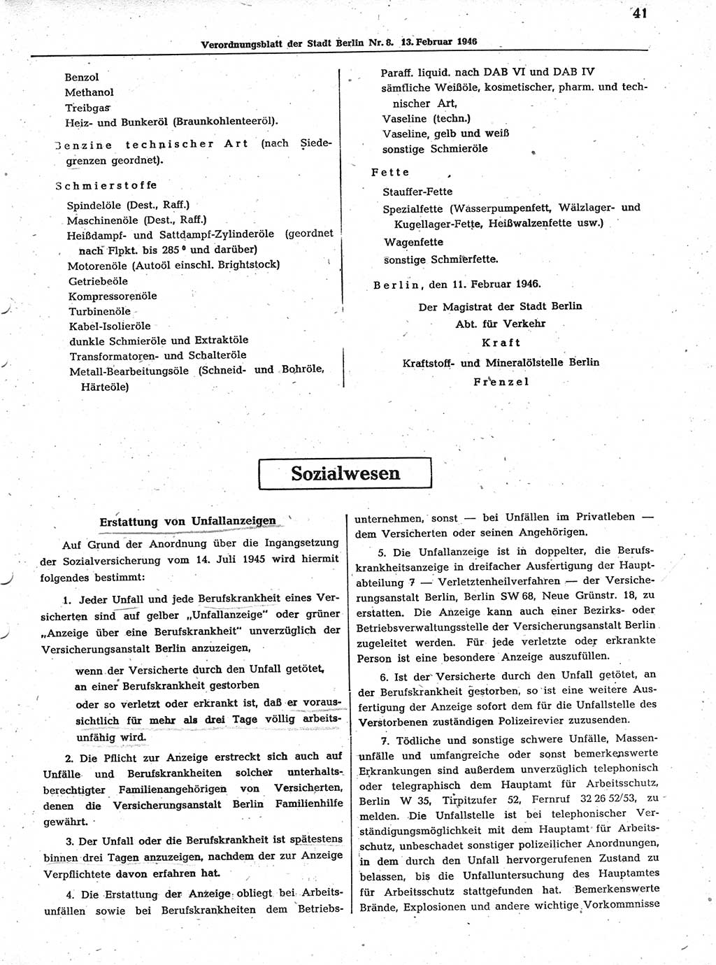 Verordnungsblatt (VOBl.) der Stadt Berlin, für Groß-Berlin 1946, Seite 41 (VOBl. Bln. 1946, S. 41)