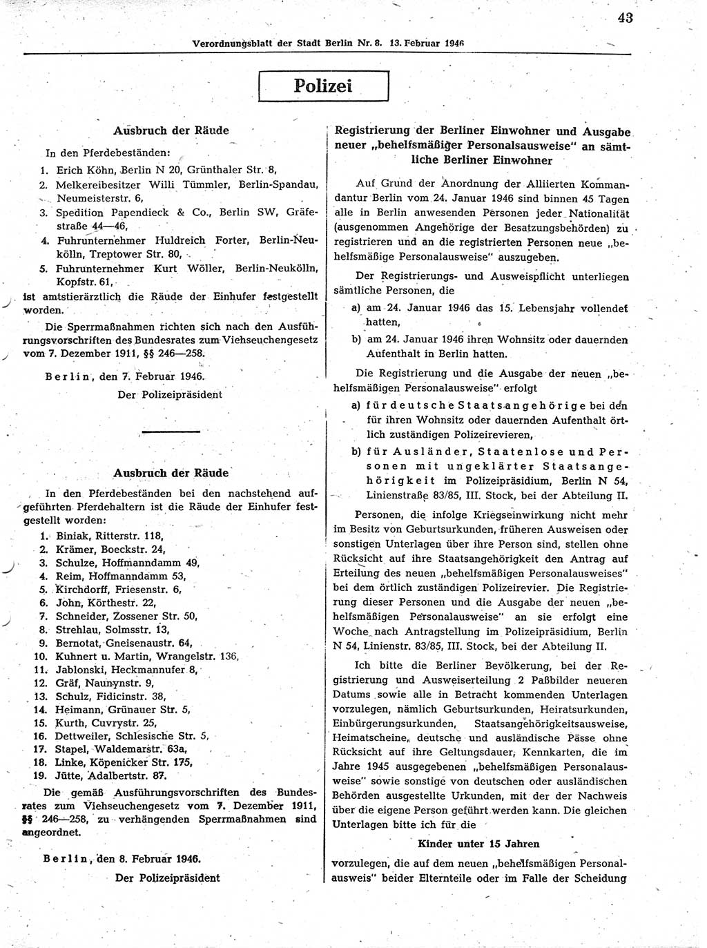 Verordnungsblatt (VOBl.) der Stadt Berlin, für Groß-Berlin 1946, Seite 43 (VOBl. Bln. 1946, S. 43)
