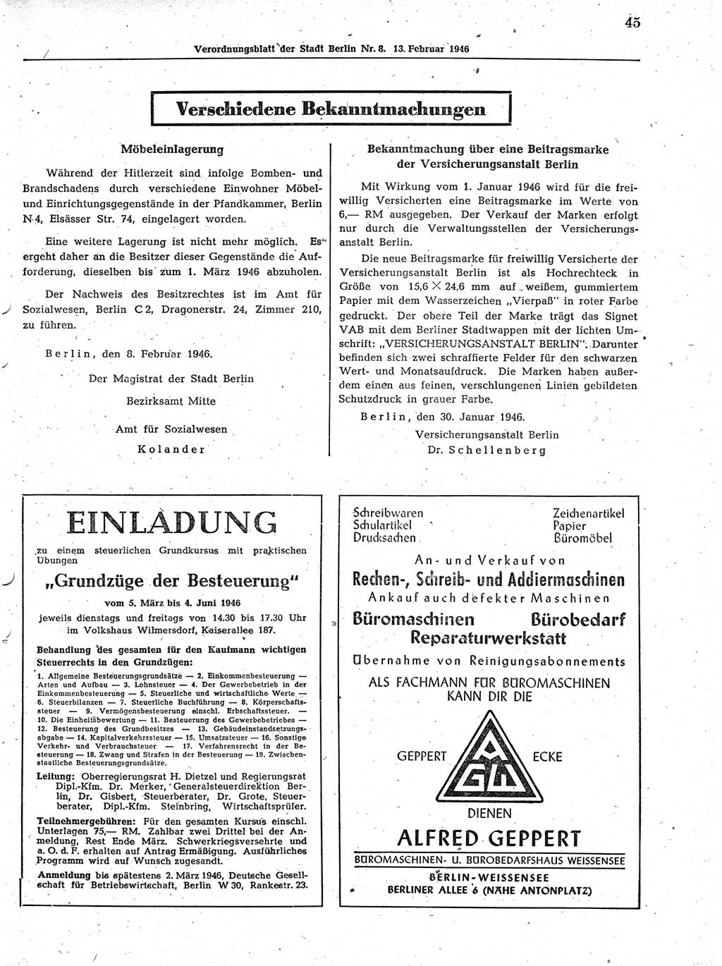 Verordnungsblatt (VOBl.) der Stadt Berlin, für Groß-Berlin 1946, Seite 45 (VOBl. Bln. 1946, S. 45)