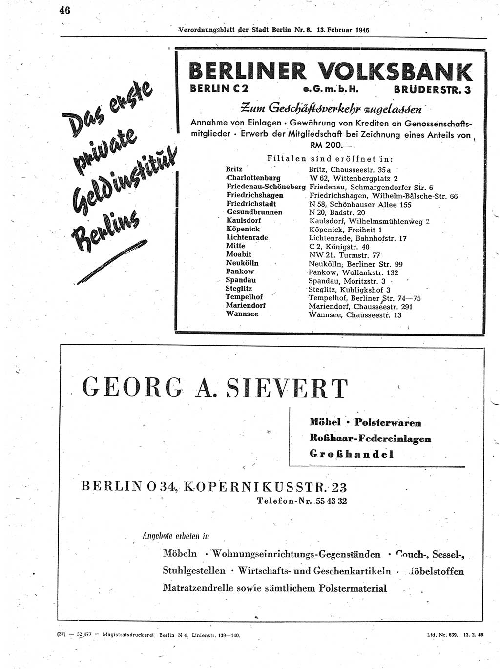 Verordnungsblatt (VOBl.) der Stadt Berlin, für Groß-Berlin 1946, Seite 46 (VOBl. Bln. 1946, S. 46)