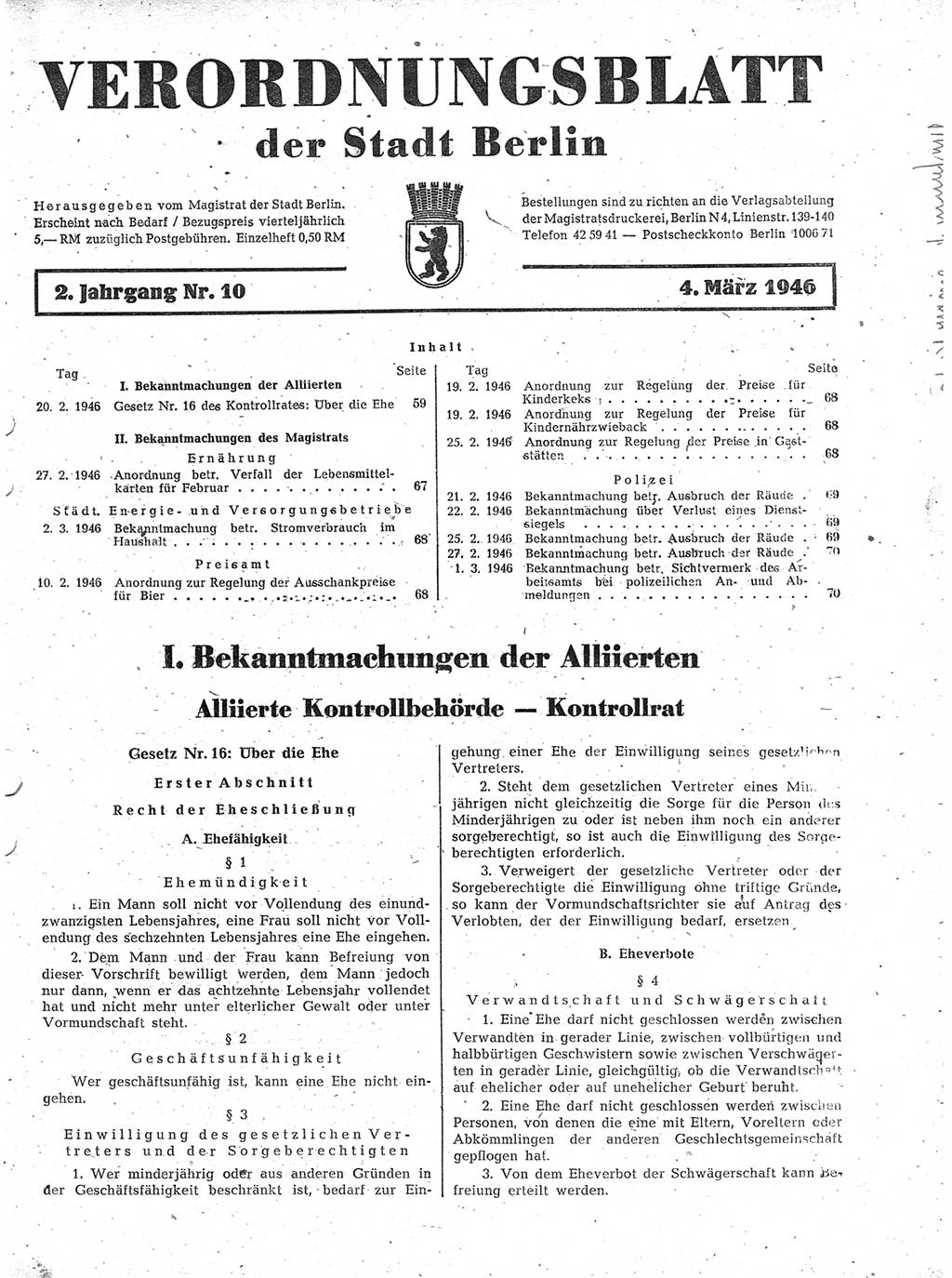 Verordnungsblatt (VOBl.) der Stadt Berlin, für Groß-Berlin 1946, Seite 59 (VOBl. Bln. 1946, S. 59)