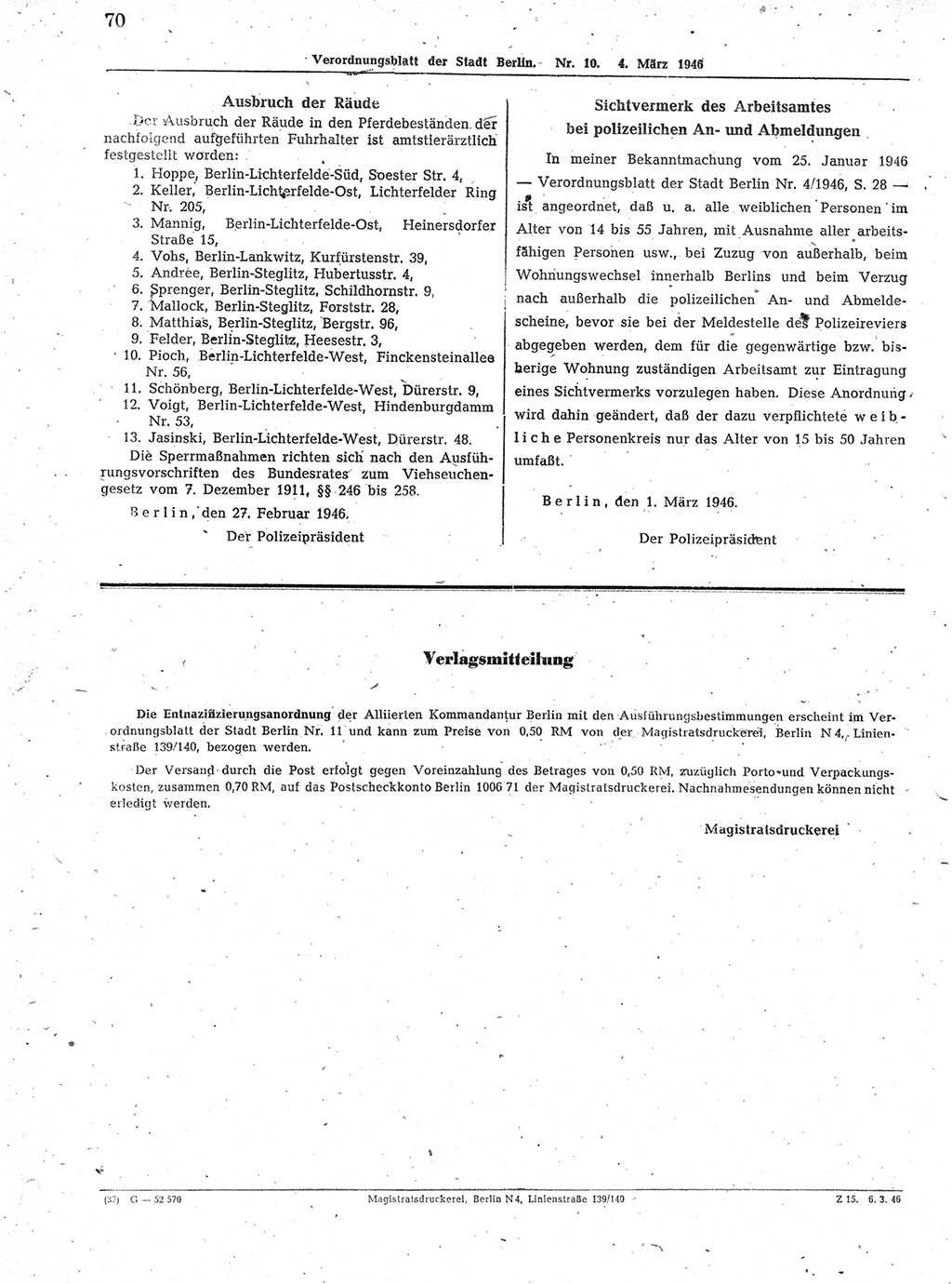 Verordnungsblatt (VOBl.) der Stadt Berlin, für Groß-Berlin 1946, Seite 70 (VOBl. Bln. 1946, S. 70)