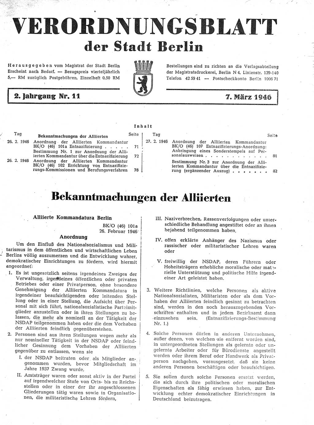 Verordnungsblatt (VOBl.) der Stadt Berlin, für Groß-Berlin 1946, Seite 71 (VOBl. Bln. 1946, S. 71)