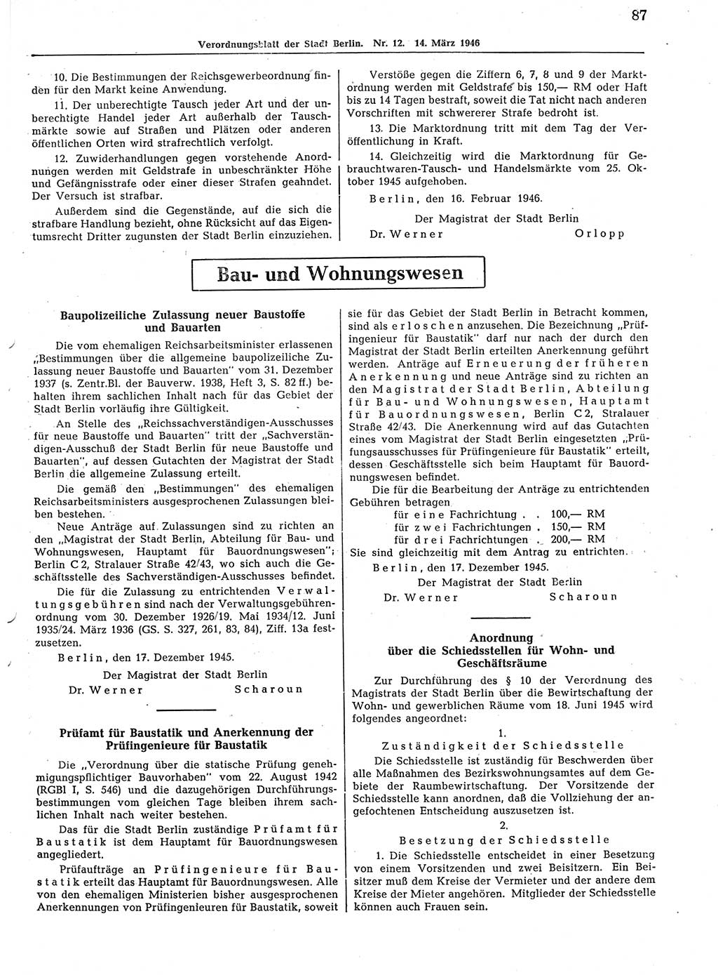 Verordnungsblatt (VOBl.) der Stadt Berlin, für Groß-Berlin 1946, Seite 87 (VOBl. Bln. 1946, S. 87)