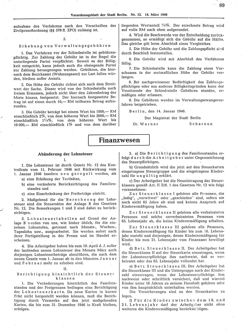 Verordnungsblatt (VOBl.) der Stadt Berlin, für Groß-Berlin 1946, Seite 89 (VOBl. Bln. 1946, S. 89)