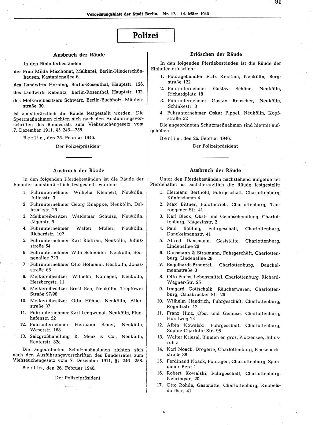 Verordnungsblatt (VOBl.) der Stadt Berlin, für Groß-Berlin 1946, Seite 91 (VOBl. Bln. 1946, S. 91)