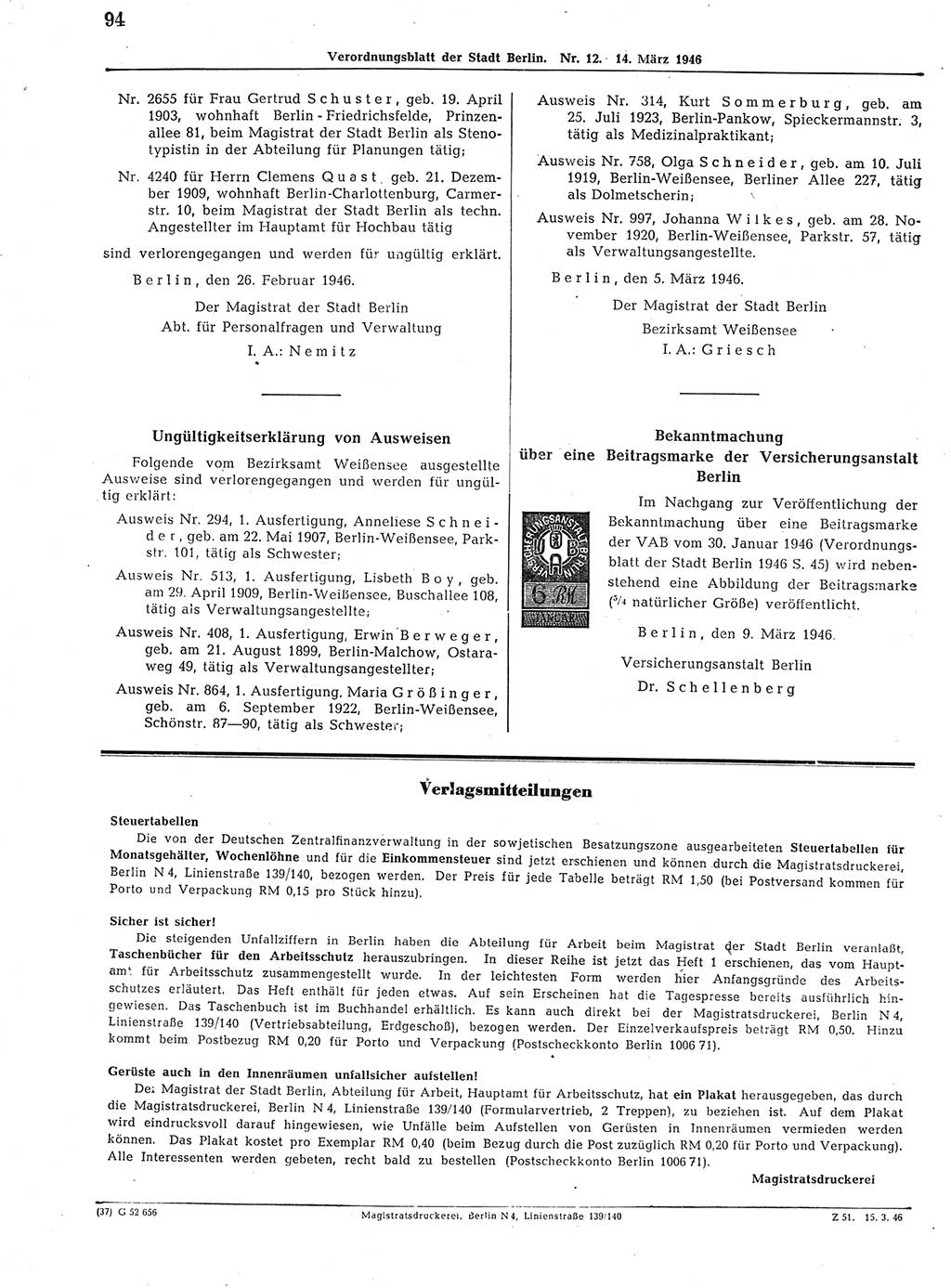 Verordnungsblatt (VOBl.) der Stadt Berlin, für Groß-Berlin 1946, Seite 94 (VOBl. Bln. 1946, S. 94)