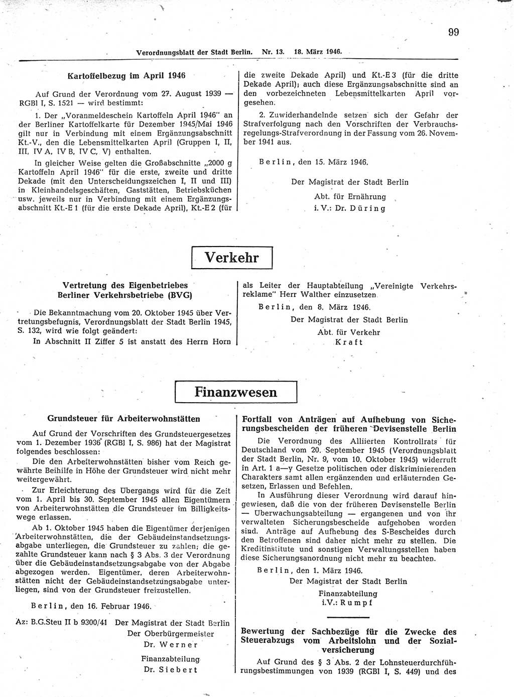 Verordnungsblatt (VOBl.) der Stadt Berlin, für Groß-Berlin 1946, Seite 99 (VOBl. Bln. 1946, S. 99)