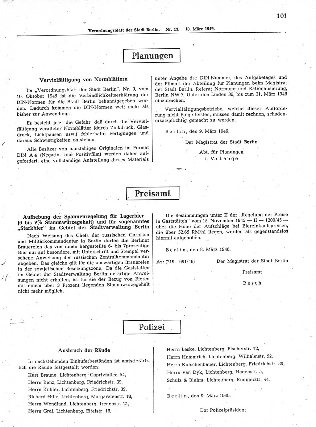 Verordnungsblatt (VOBl.) der Stadt Berlin, für Groß-Berlin 1946, Seite 101 (VOBl. Bln. 1946, S. 101)