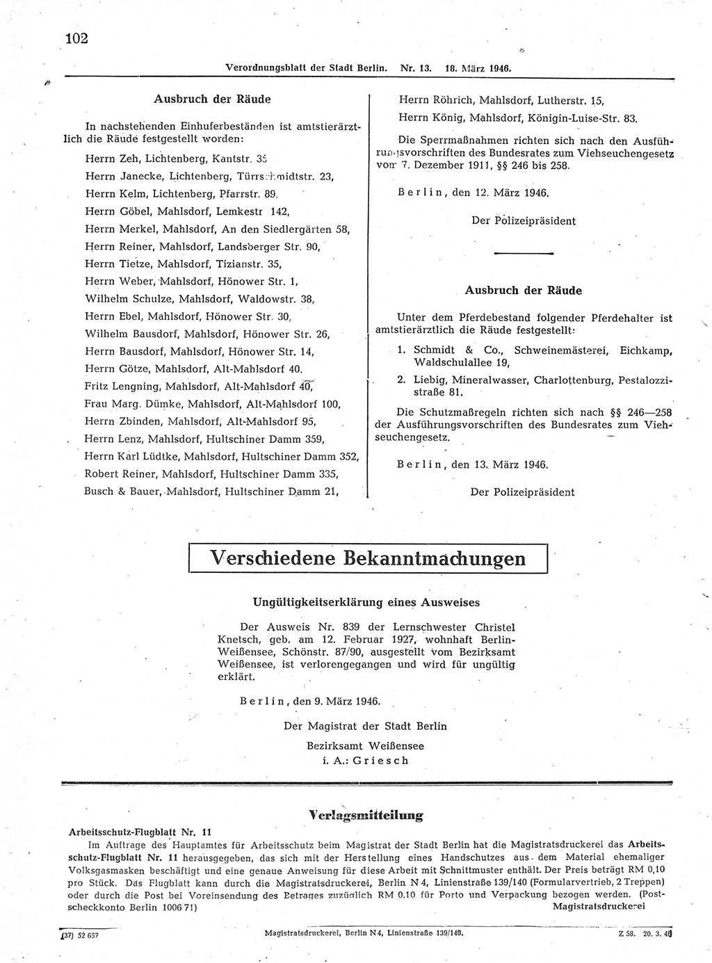 Verordnungsblatt (VOBl.) der Stadt Berlin, für Groß-Berlin 1946, Seite 102 (VOBl. Bln. 1946, S. 102)