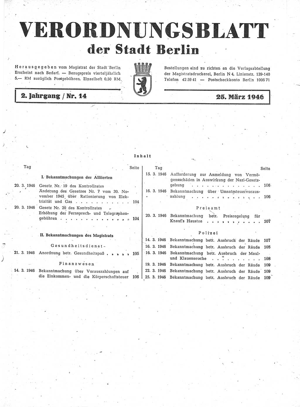Verordnungsblatt (VOBl.) der Stadt Berlin, für Groß-Berlin 1946, Seite 103 (VOBl. Bln. 1946, S. 103)