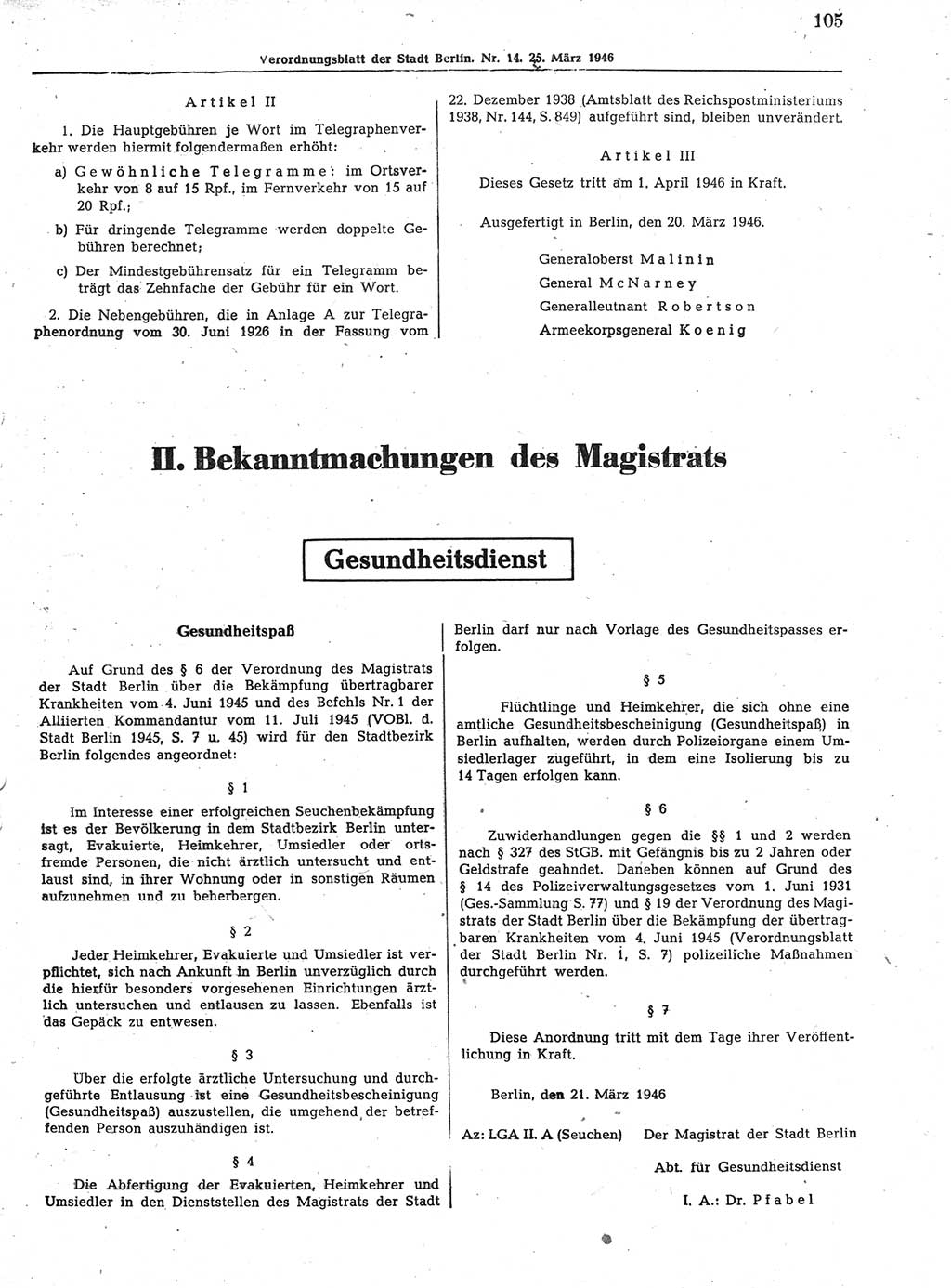 Verordnungsblatt (VOBl.) der Stadt Berlin, für Groß-Berlin 1946, Seite 105 (VOBl. Bln. 1946, S. 105)