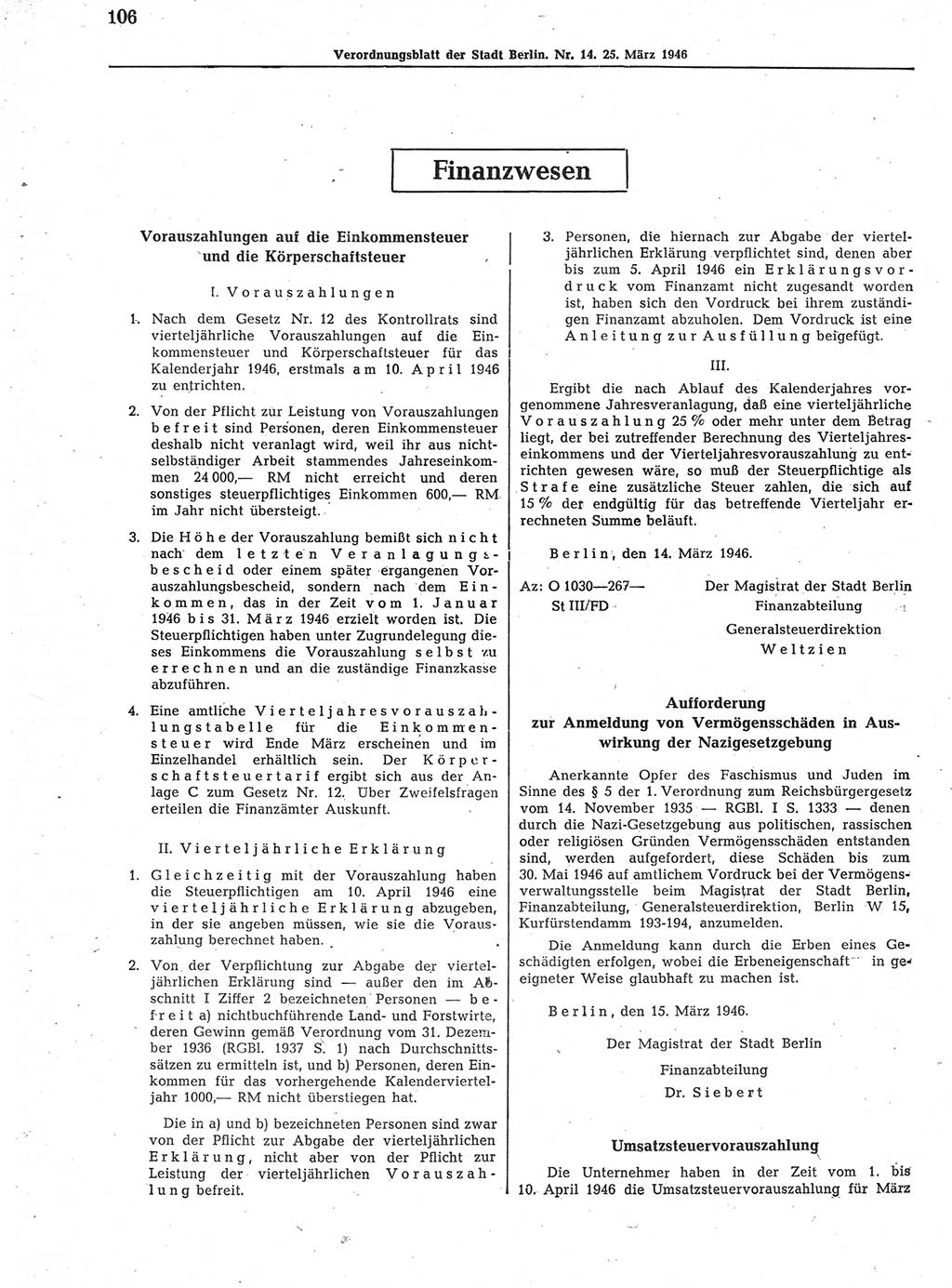 Verordnungsblatt (VOBl.) der Stadt Berlin, für Groß-Berlin 1946, Seite 106 (VOBl. Bln. 1946, S. 106)