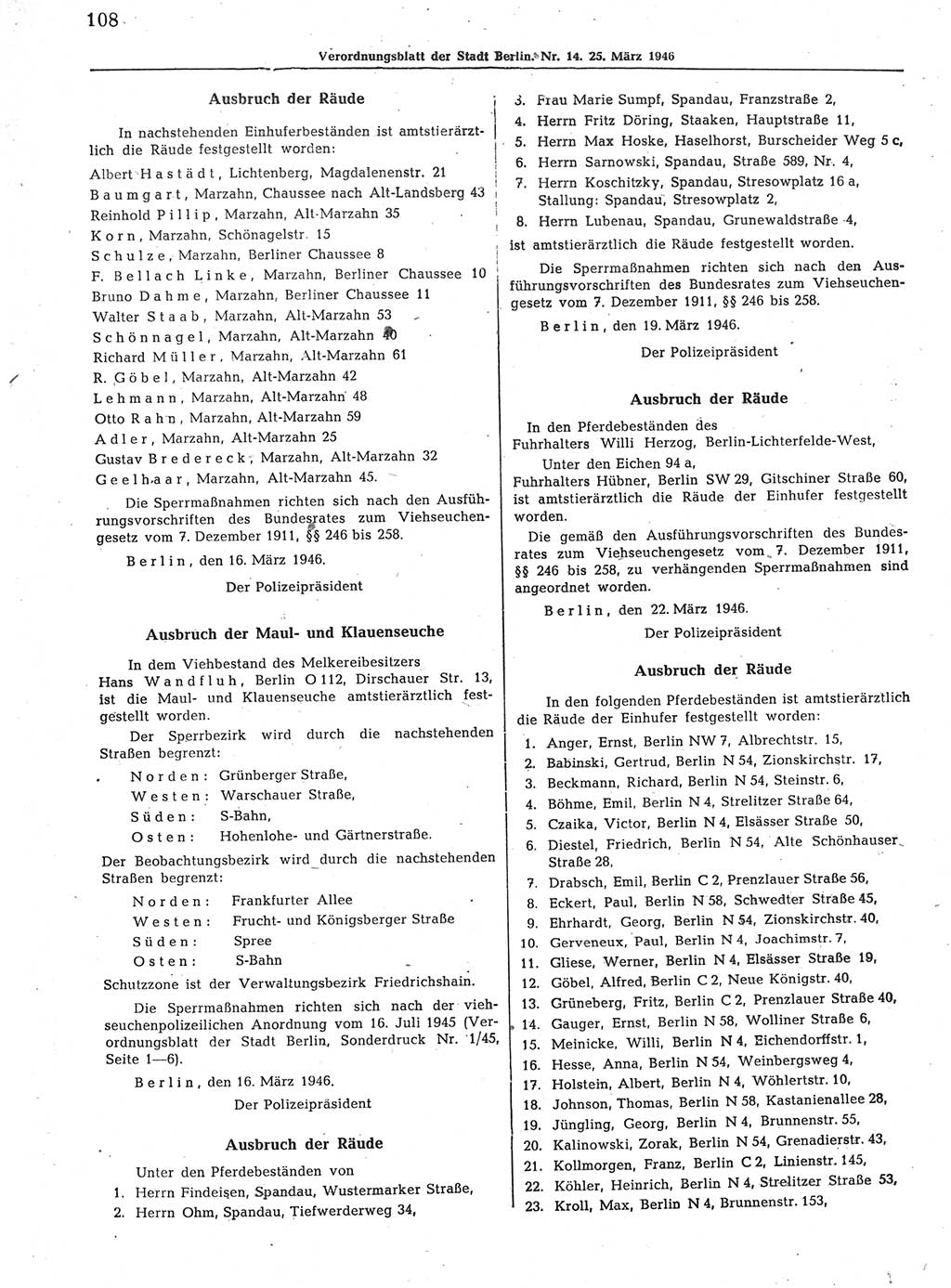 Verordnungsblatt (VOBl.) der Stadt Berlin, für Groß-Berlin 1946, Seite 108 (VOBl. Bln. 1946, S. 108)