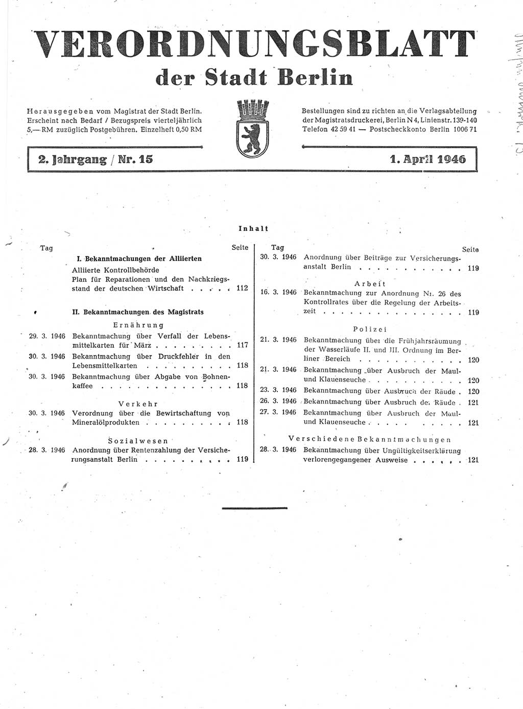 Verordnungsblatt (VOBl.) der Stadt Berlin, für Groß-Berlin 1946, Seite 111 (VOBl. Bln. 1946, S. 111)